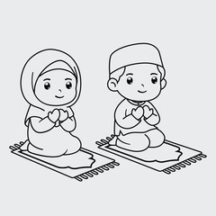 Thin Line Illustration of Cute Muslim Kids Praying on Prayer Mats
