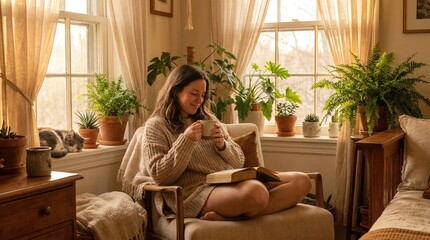 Obraz premium Peaceful woman enjoying sunlight indoors concept. A serene moment of a woman enjoying tea while reading at home.