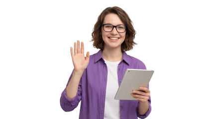 Smiling young woman with glasses waving hand and holding a tablet computer isolated on transparent background