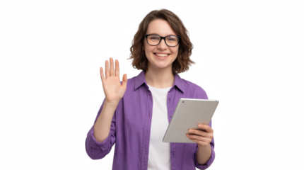 Smiling young woman with glasses waving hand and holding a tablet computer isolated on transparent background