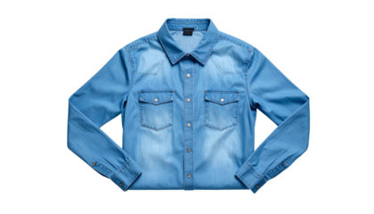 Light-wash denim shirt, centered on black background, showcasing buttons and chest pockets