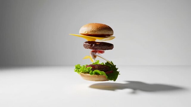 Floating burger components suspended midair, revealing deconstructed culinary layers with fresh ingredients dramatically arranged against pristine white surface