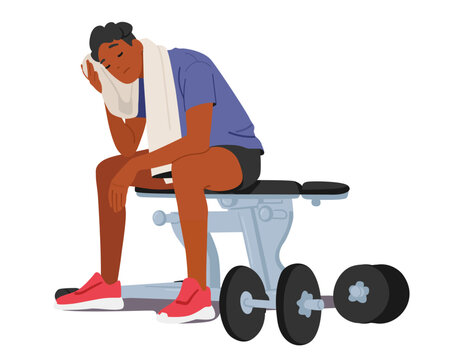 Tired man character wiping sweaty forehead looking drained after hard weightlifting workout