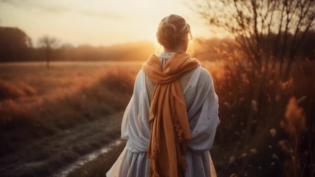 Woman in a warm scarf standing in a sunlit field at golden hour breathing calmly and embracing quiet freedom and inner peace