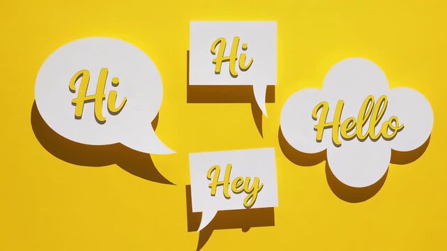 Speech bubbles displaying hi and hello emerging against bright yellow background, representing friendly digital communication and social interaction with minimalist graphic design approach