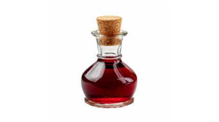 Small glass bottle filled with rich red liquid and cork stopper