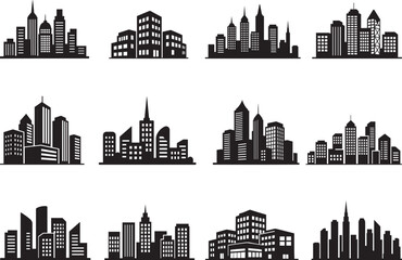 Urban city skyline building vector set with modern downtown architecture bundle, office towers, commercial buildings, cityscape design elements

