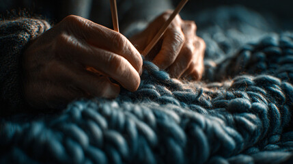 Concept of tactile privacy. Close-up of hands knitting a thick chunky wool blanket using large wooden needles.
