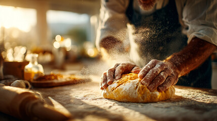 Concept of tactile privacy. Hands of a man kneading soft bread dough on a table sprinkled with flour.
