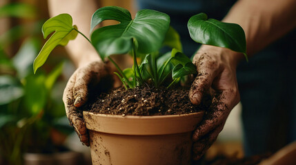 Concept of tactile privacy. Close-up of a man's hands carefully transplanting a lush green Monstera plant into a terracotta pot.