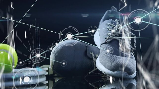 Animation of network of connections with icons over tennis ball and shoes