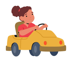 Fototapeta premium Little girl with excited expression inside colorful toy car enjoying play driver isolated on white