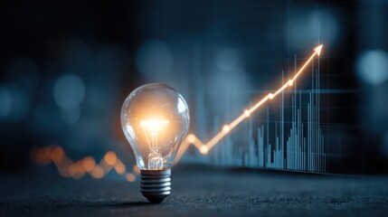 Glowing light bulb sits in front of a chart with an arrow trending upward, symbolizing innovation and success for business growth