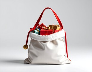 A white satchel, overflowing with colorful gifts, red straps, a golden bell, isolated