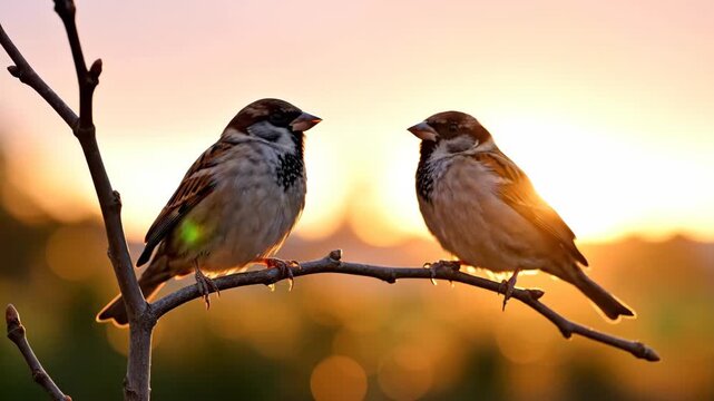 Two sparrows perching on a tree branch at sunset. Pair of small birds sitting in a backyard garden during golden hour. Avian wildlife concept