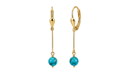 Pair of gold drop earrings with turquoise-colored round stone charms