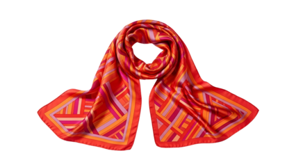 A vibrant, silk scarf with geometric design, in shades of red, orange, and purple