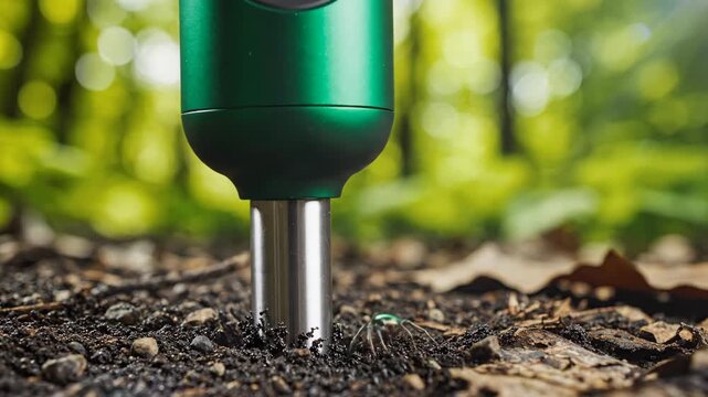 Macro shot of a soil sampling probe inserted into dark loam ground. Green gardening tool testing earth quality with a beetle crawling on the surface. Agriculture and soil health analysis