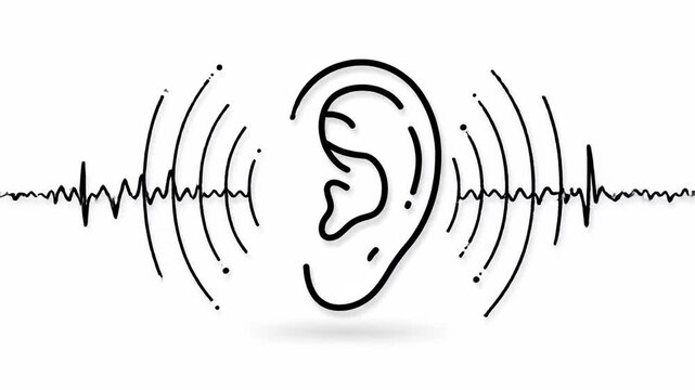Minimalistic black and white animation of a human ear icon receiving sound waves, isolated on a white background. Conceptual video about hearing, audio perception, and acoustic technology