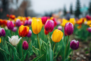 Colorful tulips sway gently in the breeze amidst a garden scene filled with vivid flowers and greenery