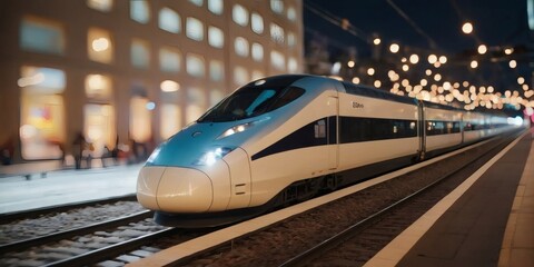 Fototapeta premium High-speed train at night with motion blur and bokeh city lights