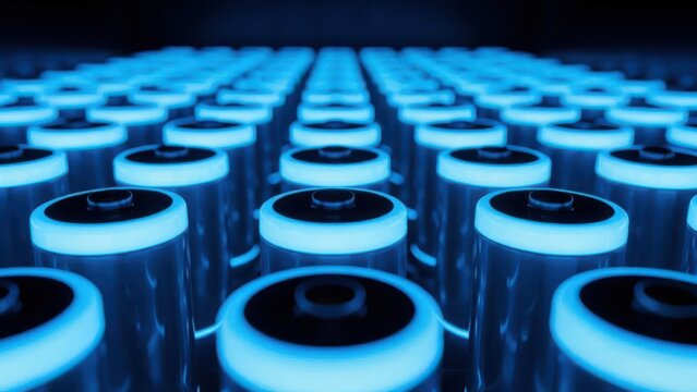 Bright blue glowing batteries in a large array representing futuristic sustainable energy