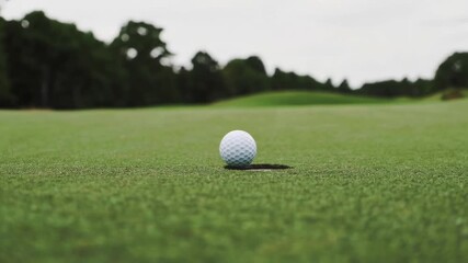 Golf ball sinking into hole on pristine green, surrounding golf course landscape with trees and cloudy sky creating serene sporting moment