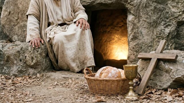 The Resurrection of Jesus: Jesus emerges from the tomb, surrounded by light. Easter morning, a concept of new life with a cross, bread, and a golden chalice of wine. God, Christianity, Orthodoxy.