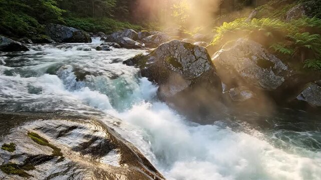 Forest stream with rocky bed tumbles in white water rapids, lit by sunbeams through lush greenery overhead