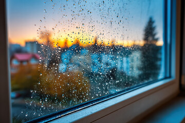 Morning condensation on window shows spring awakening with sunlight and colorful cityscape in background