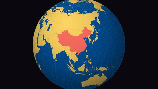 China on Globe. Animated zoom into the country in Ocean Blue Golden Yellow color palette. China logo animation. Map with meridians, parallels. Captivating video.