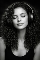 A woman with long curly hair is wearing headphones and looking at the camera