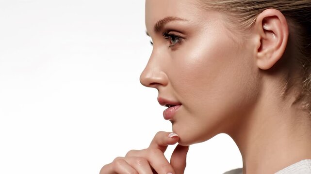 Profile view of a beautiful young woman with natural makeup asking for silence, placing her index finger on her lips to make a shushing gesture, isolated on a white background
