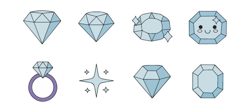 Collection of diamond illustrations and designs with various shapes and ring