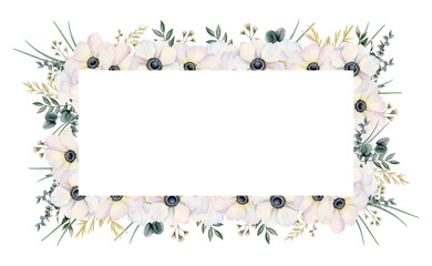 Fototapeta premium White wedding flowers horizontal template with copy space. Watercolor field poppies with grass and branches banner for greeting cards and invitations. Hand drawn blooming anemones rectangular frame
