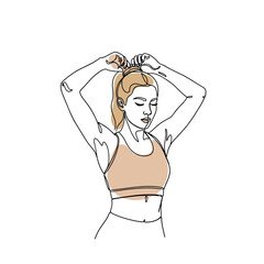 Woman tying hair before workout minimalist line art illustration