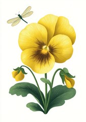 Fototapeta premium Yellow pansy flower illustration dragonfly botanical.