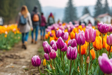Spring festival takes place in blooming tulip field with visitors enjoying the flowers and nature