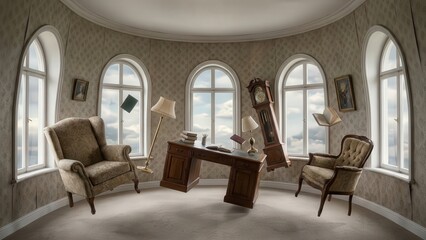 Unique Curved Room with Vintage Furniture and Natural Light