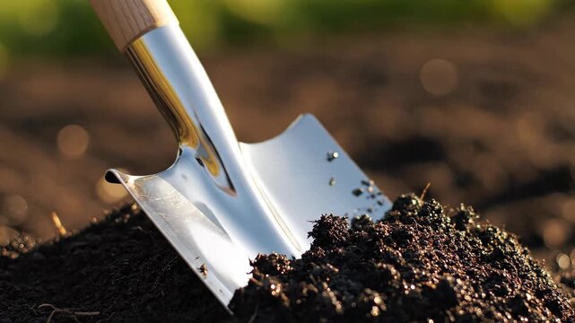 A shiny garden trowel in a pile of rich, fertile soil. Preparing the ground for planting and cultivation. Gardening and agriculture concept