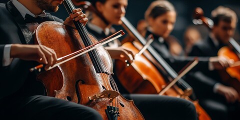 Fototapeta premium A Symphony of Cellists Dramatic Chiaroscuro in Orchestra with Wood Instruments and Stage Lights