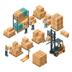 Warehouse Workers Operating Forklifts and Pallets.