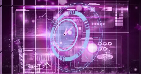 Animation of clock over digital screen with diverse data - Powered by Adobe