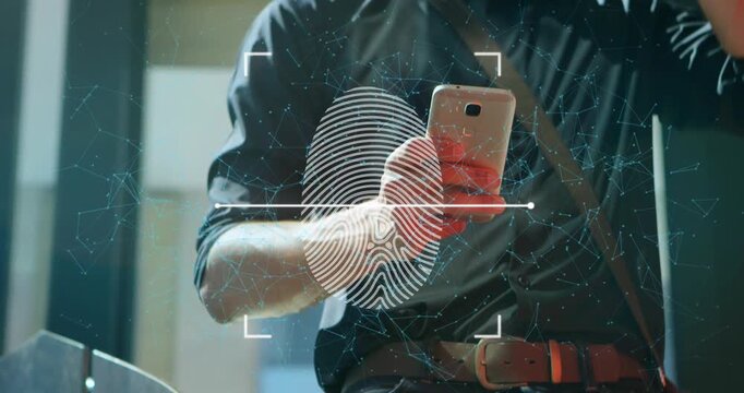 Animation of financial data over fit caucasian businessman using smartphone