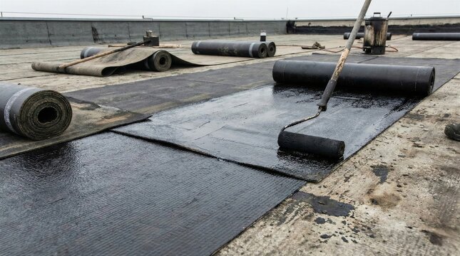 Bitumen waterproofing roll application on commercial flat roof with tool