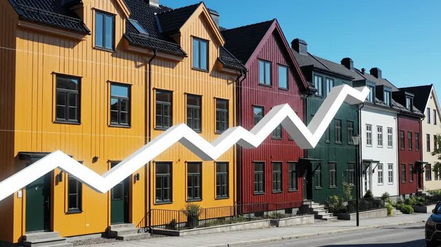 Housing market graph showing fluctuating property values and increasing trend over a row of colorful residential buildings