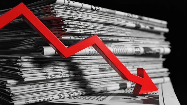 Red arrow showing downward trend over newspaper stack. Decline in news, information, or sales concept. Market recession symbol.