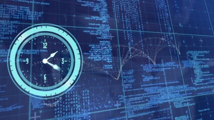 Animation of clock ticking and dna strand over data processing on grid - Powered by Adobe