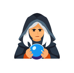 Enchantress cartoon character in flat design, magic female enchanter with glowing aura, fantasy sorceress vector illustration.