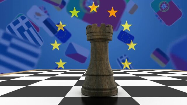 Animation of chess figure over flag of eu and national flags